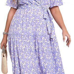 Women's Plus Size V Neck Maxi Dress Ruffle Short Sleeve Belt Casual Summer